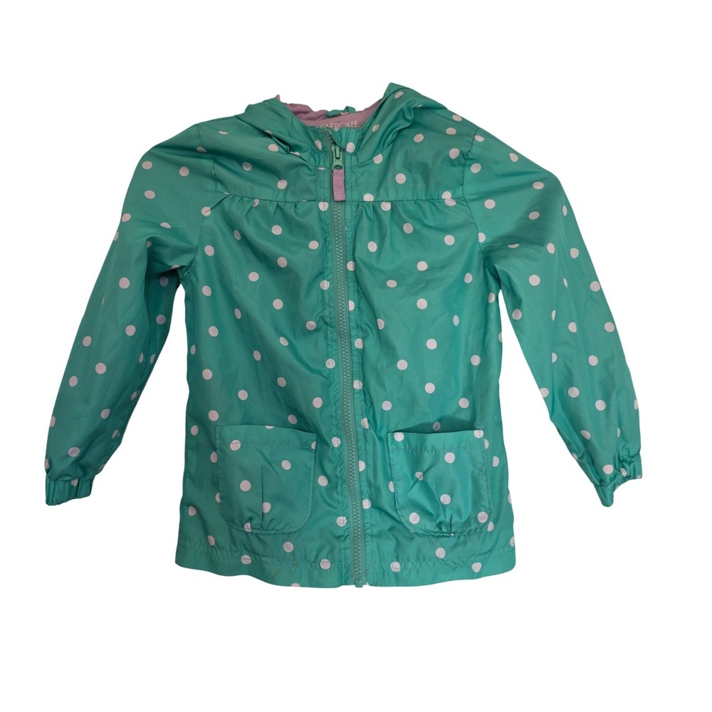 Cherokee Girls Teal Polka Dot Hooded Windbreaker Jacket Size 5T